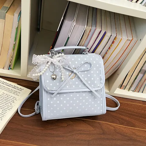 Korean Sweet Polka Dot Backpack For Women Mini PU Leather School Bag With Bow Pearl Pendant Casual Daily Commuter Small Backpack