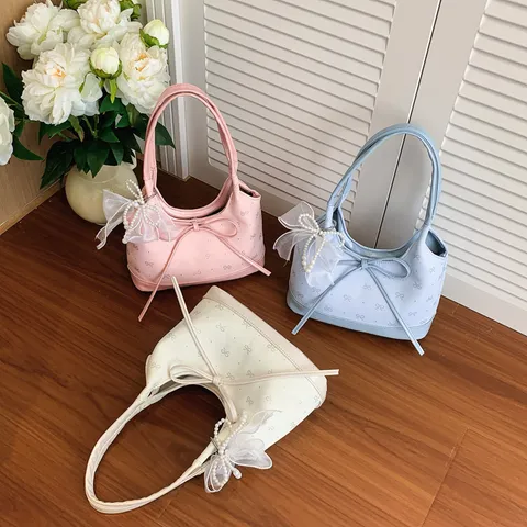 Borsa Sottobraccio con Fiocco alla Moda Elegante Borsa a Spalla in Tessuto Donna Borsa a Mano con Ciondolo a Perla Dolce per Ufficio Pendolarismo Estate Primavera