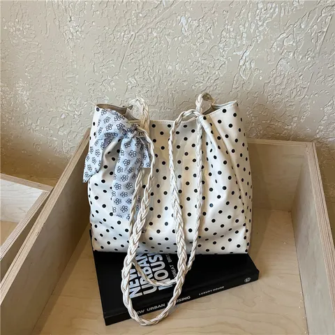 Sac Tote en Tissu à Pois Pour Femmes Avec Foulard Noeud Poignée Tissée Sac à Épaule Grande Capacité Sac Cabas Décontracté
