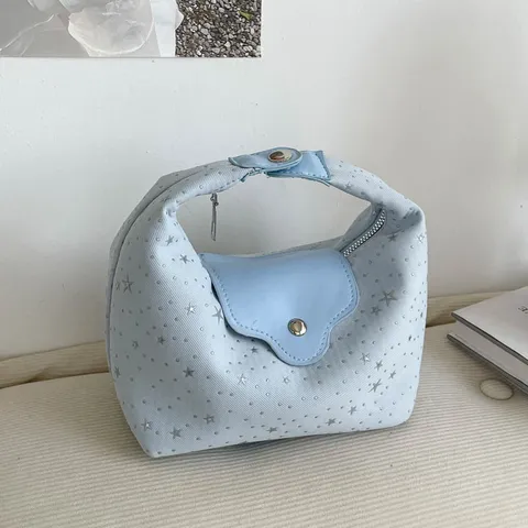 Sac à Main Épaule Croissant en Tissu Imprimé Étoile Style Français Tendance Streetwear Sac Bandoulière Hobo Avec Fermoir Magnétique Femme
