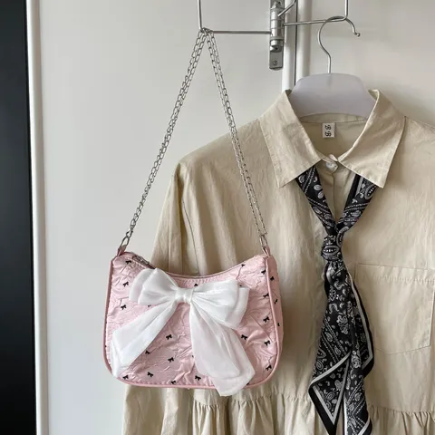 Women Fashion Seersucker Shoulder Bag With Large Bowknot Polka Dot Print Tote Underarm Bag Metallic Chain Sweet Girl Commuter Bag