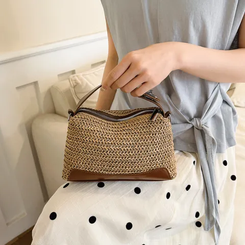 Borsa da Spiaggia in Paglia Intrecciata da Donna Grande Capacità Kaki Patchwork in Pelle Borsa a Tracolla Casual per Vacanze