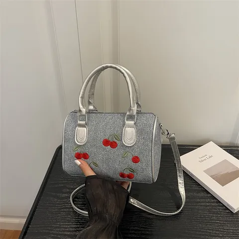 Women Cherry Embroidery Denim Boston Bag Fashion PU Large Capacity Handbag Shoulder Crossbody Bag Casual Urban Style