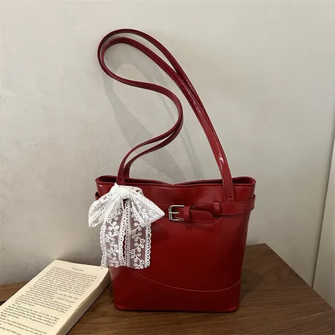 Borsa a Secchiello a Spalla in Pelle PU a Grande Capacità Con Fibbia a Cintura Fiocco in Pizzo Tote per Donna Moda Casual