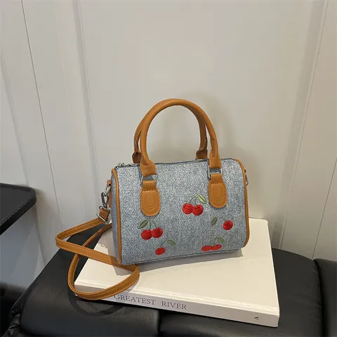 Women Cherry Embroidery Denim Boston Bag Fashion PU Large Capacity Handbag Shoulder Crossbody Bag Casual Urban Style