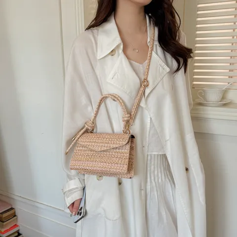 Borsa Quadrata da Donna Intrecciata in Paglia Minimalista Vintage Tracolla a Spalla Con Manico a Nodo per Vacanza Quotidiano