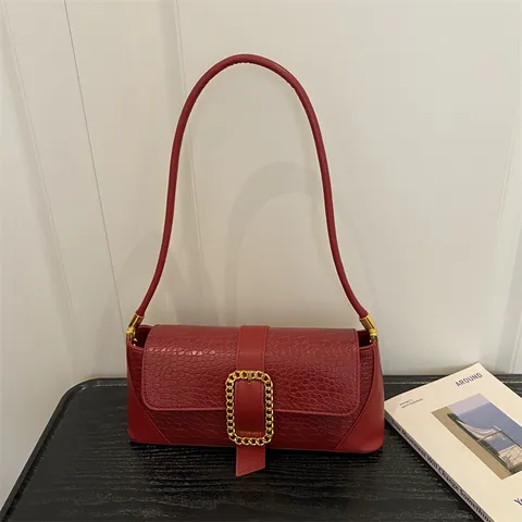 Women Stone Pattern Baguette Bag French Style Light Luxury PU Leather Shoulder Underarm Bag With Gold Chain Buckle Fashion Handbag