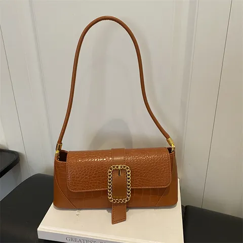 Women Stone Pattern Baguette Bag French Style Light Luxury PU Leather Shoulder Underarm Bag With Gold Chain Buckle Fashion Handbag