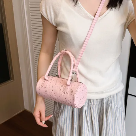 Sac Bandoulière Cylindre en PU à Imprimé Étoile pour Femme Petit Sac Oreiller Minimaliste avec Détail de Charme Étoile