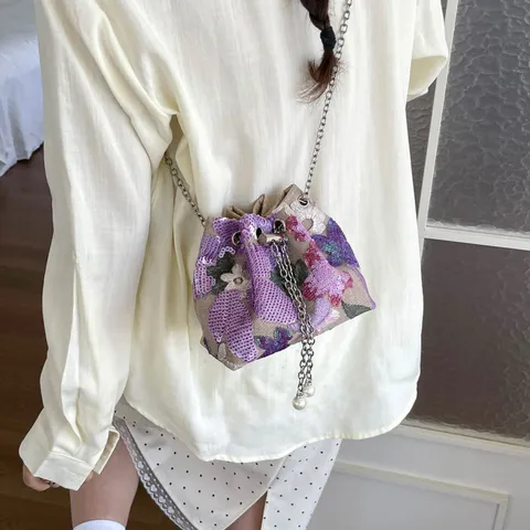 Vintage Neo Chinese Style Bucket Bag Embroidered Mesh Flower Sequin Crossbody Bag With Chain Artificial Pearl Strap For Women