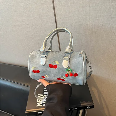 Women Denim Cherry Embroidery Boston Bag Fashion Casual Tote Shoulder Crossbody Handbag For Summer Daily Commute Ladies Purse