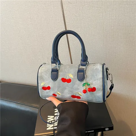 Women Denim Cherry Embroidery Boston Bag Fashion Casual Tote Shoulder Crossbody Handbag For Summer Daily Commute Ladies Purse