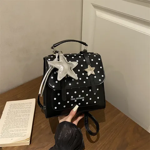 Fashion Polka Dot PU Leather Women Backpack Urban Minimalist Small Flap School Bag Fresh Casual Top Handle Shoulder Bag