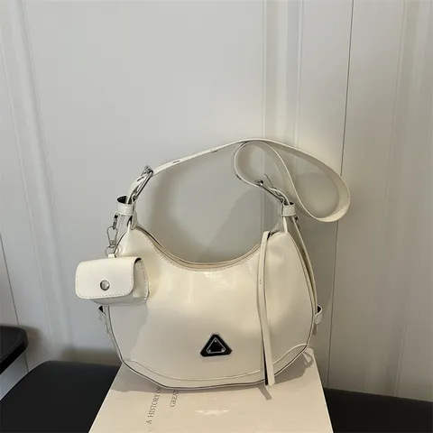 Women Urban Minimalist PU Leather Crescent Shoulder Bag Motorcycle Glossy Hobo Bag With Removable Mini Pouch Casual Crossbody Dumpling Bag