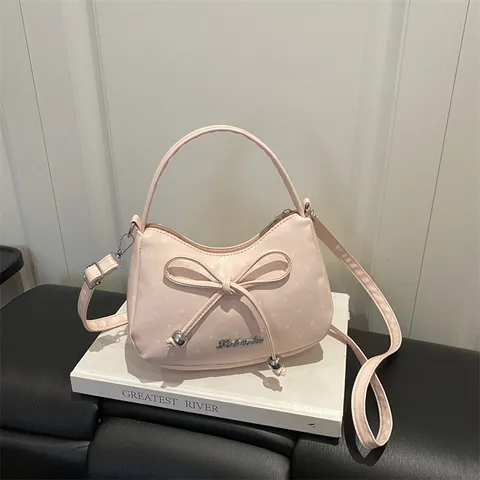 Borsa a Spalla a Mezzaluna con Fiocco e Pois alla Moda da Donna Minimalista Urbano in Pelle PU Piccola Borsa a Tracolla Mano