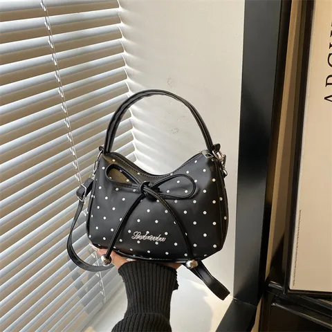 Borsa a Spalla a Mezzaluna con Fiocco e Pois alla Moda da Donna Minimalista Urbano in Pelle PU Piccola Borsa a Tracolla Mano