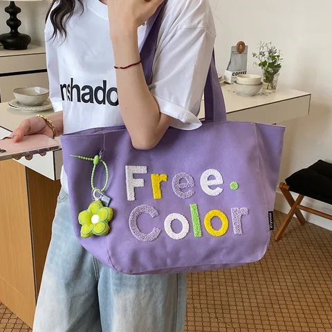 Women Canvas Tote Bag Casual Large Capacity Travel Shoulder Bag Letter Embroidery Handbag