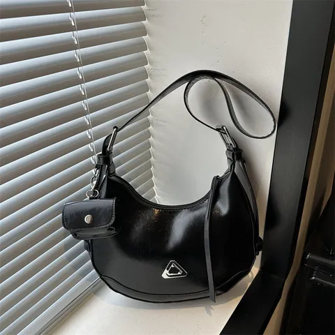 Women Urban Minimalist PU Leather Crescent Shoulder Bag Motorcycle Glossy Hobo Bag With Removable Mini Pouch Casual Crossbody Dumpling Bag