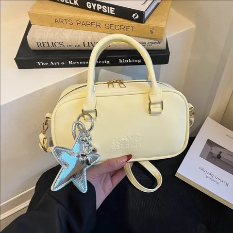 Korean Fashion Women PU Leather Bowling Bag With Star Charm Small Pillow Bag Retro Shoulder Crossbody Handbag For Daily Work