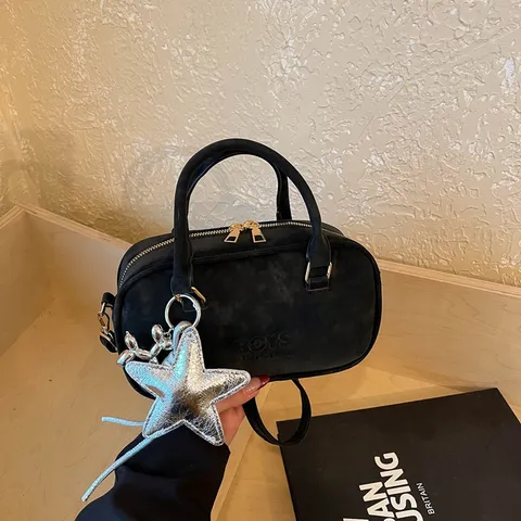 Korean Fashion Women PU Leather Bowling Bag With Star Charm Small Pillow Bag Retro Shoulder Crossbody Handbag For Daily Work