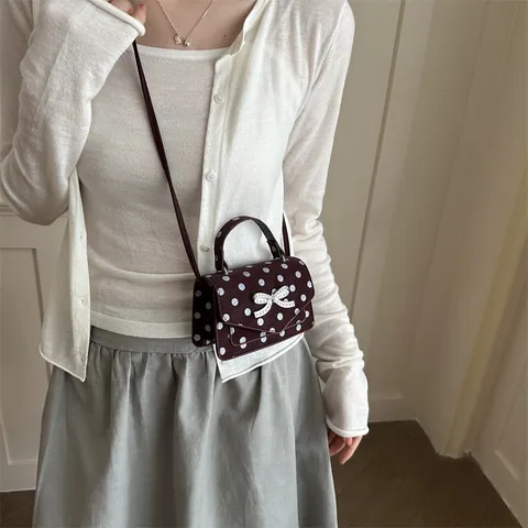 Borsa a Mano da Donna a Pois in Pelle PU con Fiocco di Strass Borsa Quadrata Piccola a Tracolla Casual Moda Estiva
