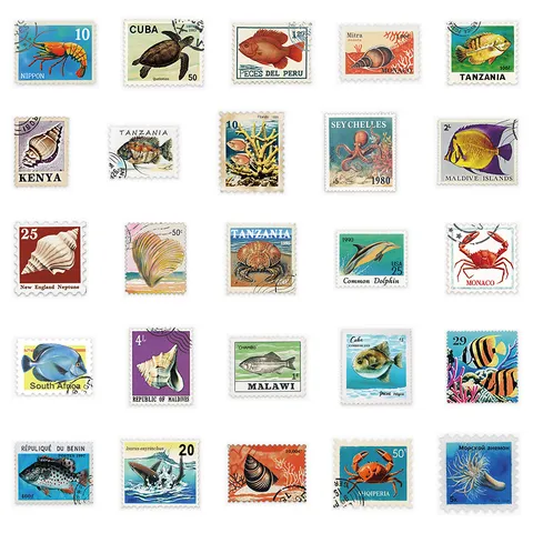 Vintage Marine Life Postage Stamp Stickers Waterproof Retro Ocean Animals Decals For Journal DIY Water Cup