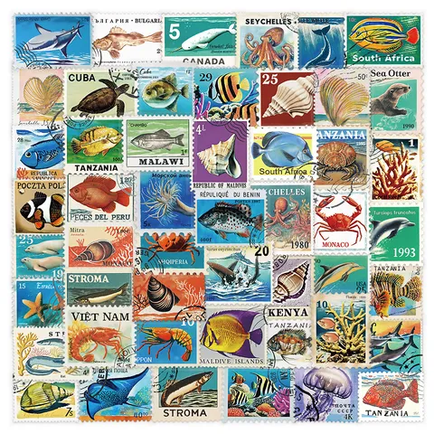 Vintage Marine Life Postage Stamp Stickers Waterproof Retro Ocean Animals Decals For Journal DIY Water Cup