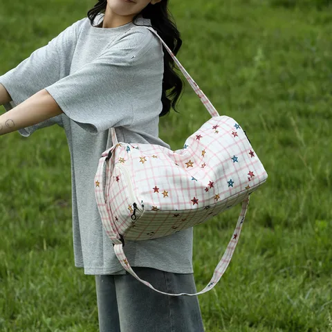 Women Casual Plaid Travel Bag Large Capacity Portable Luggage Bag Oxford Fabric Storage Handbag Shoulder Bag