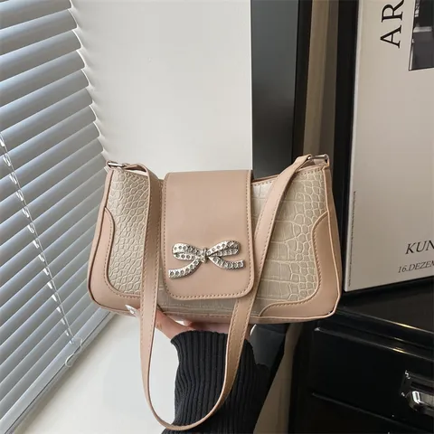 Bolso de Hombro de Moda de Cuero PU con Patrón de Cocodrilo para Mujer Casual Minimalista Color Sólido Bolso de Axila con Lazo Strass