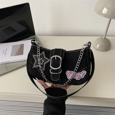 Women Y2K Millennium Style Underarm Bag Star Patchwork Belt Buckle Chain Decoration Zipper Medium Dumpling Shaped Shoulder Bag For Girls