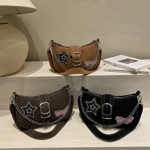 Women Y2K Millennium Style Underarm Bag Star Patchwork Belt Buckle Chain Decoration Zipper Medium Dumpling Shaped Shoulder Bag For Girls