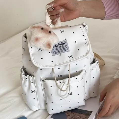 Preppy Style Bowknot Polka Dot Backpack For College Women Drawstring Flap School Bag Vintage Niche Leisure Travel Rucksack