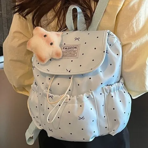 Preppy Style Bowknot Polka Dot Backpack For College Women Drawstring Flap School Bag Vintage Niche Leisure Travel Rucksack