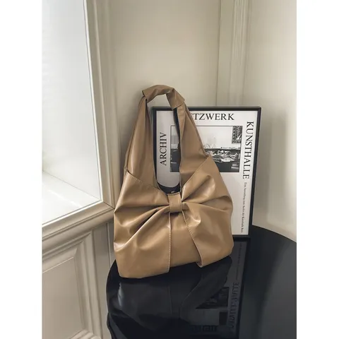 Large Capacity Bow Tote Bag Women PU Leather Shoulder Bag Fashion Commuter Vest Bag Bowknot Handbag Pleated Purse