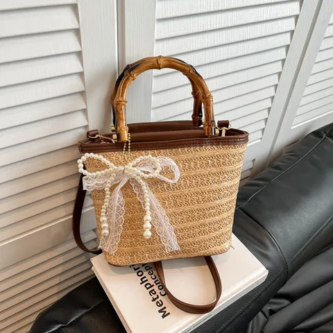 Damen Urban Minimalistisch Stroh Geflochten Eimertasche Einzigartig Bambusgelenk Handtasche Schick Sommer Strand Schulter Umhängetasche