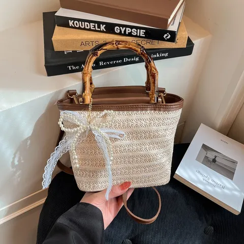 Damen Urban Minimalistisch Stroh Geflochten Eimertasche Einzigartig Bambusgelenk Handtasche Schick Sommer Strand Schulter Umhängetasche