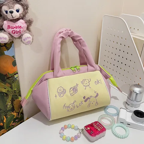 Süße Farbblock Nylon Kosmetiktasche Große Kapazität Gesticktes Make-up Organizer Tasche Mit Tragegriff Reißverschluss Reise Kulturbeutel Für Damen Mädchen