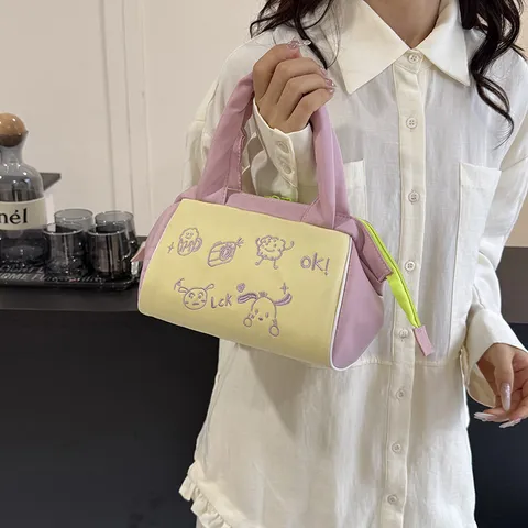 Süße Farbblock Nylon Kosmetiktasche Große Kapazität Gesticktes Make-up Organizer Tasche Mit Tragegriff Reißverschluss Reise Kulturbeutel Für Damen Mädchen