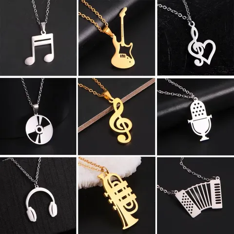 Hip Hop 304 Stainless Steel Guitar Pendant Necklace For Men Women Music Note Clef Microphone Earphone Accordion Trumpet Street Punk Link Chain Necklace Jewelry Gift