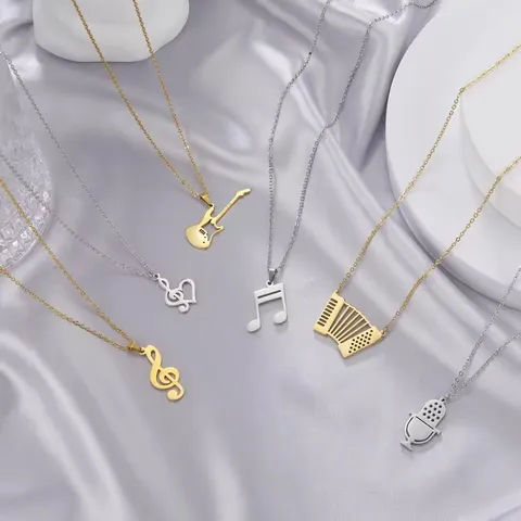 Hip Hop 304 Stainless Steel Guitar Pendant Necklace For Men Women Music Note Clef Microphone Earphone Accordion Trumpet Street Punk Link Chain Necklace Jewelry Gift