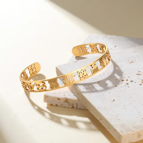 Stainless Steel African Symbols Open Cuff Bangle For Men Women Gold Plated Hollow Carved Adinkra Traditional Ethnic Hand Jewelry Gift