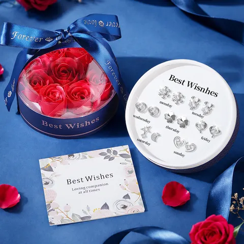 Boîte Cadeau de Fleurs de Savon Rose de la Saint-Valentin Avec Ensemble de Boucles d'Oreilles Clous Hebdomadaires Cadeau de Bijoux d'Anniversaire Romantique pour Femme
