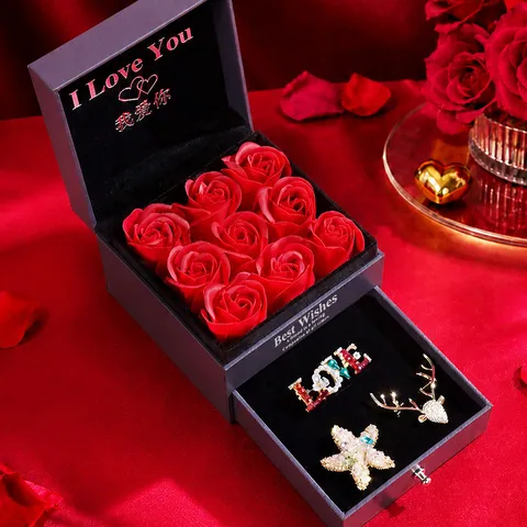 Boîte Cadeau de Bijoux en Rose Préservée Avec Ensemble de Broches en Strass en Alliage Cadeau de Saint-Valentin pour Femmes