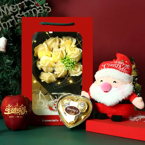 Ensemble de Boîte Cadeau de Noël Poupée Peluche Père Noël Rose de Savon Fleur Pomme Chocolat Fête de Vacances Présent