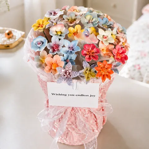 Bouquet de Fleurs en Céramique Cadeau Floral Artificiel Fait Main Avec Sac Cadeau Carte de Vœux Guirlande Lumineuse Pour la Saint-Valentin