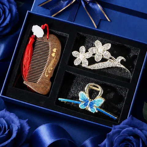 Caja de Regalo de San Valentín Pinza de Pelo Peine de Madera Strass Floral Set de Accesorios para el Cabello Regalo de Fiesta de Mujer