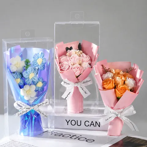 Cadeau de Saint-Valentin Bouquet de Fleurs de Savon Créatif Boîte Cadeau PVC Bouquet de Fleurs Tricotées Décoration Romantique