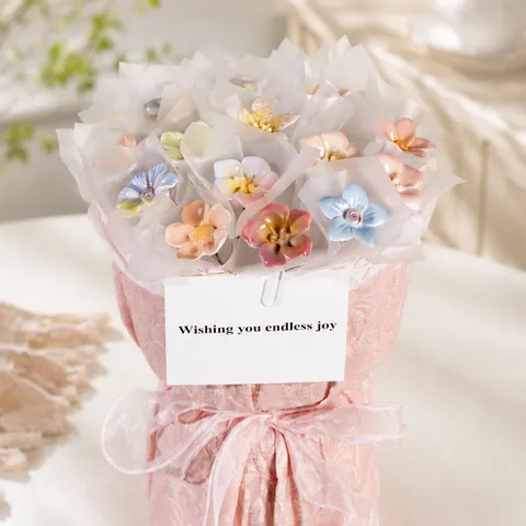 Bouquet de Fleurs en Céramique Cadeau Floral Artificiel Fait Main Avec Sac Cadeau Carte de Vœux Guirlande Lumineuse Pour la Saint-Valentin