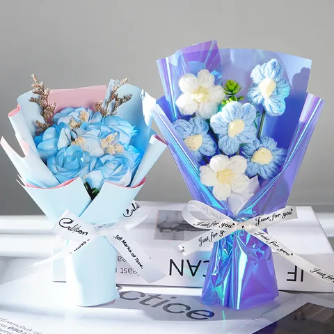 Cadeau de Saint-Valentin Bouquet de Fleurs de Savon Créatif Boîte Cadeau PVC Bouquet de Fleurs Tricotées Décoration Romantique
