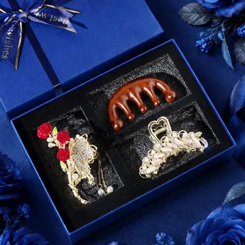 Caja de Regalo de San Valentín Pinza de Pelo Peine de Madera Strass Floral Set de Accesorios para el Cabello Regalo de Fiesta de Mujer